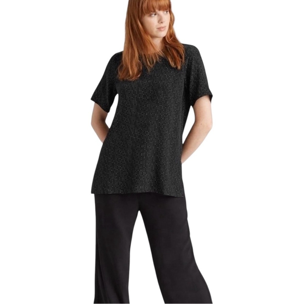 Eileen Fisher Black Morse Code Tencel Short Sleeve Flowy Boxy Blouse Size 10